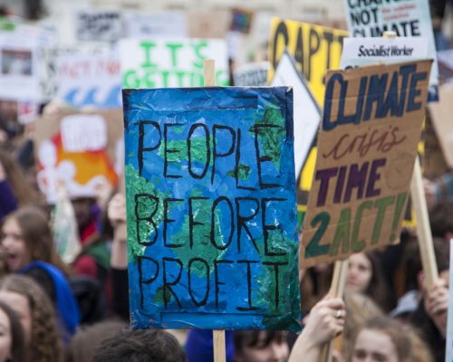 LONDON, UK - March 15, 2019:Thousands of students and young people protest in London as part of the youth strike for climate march